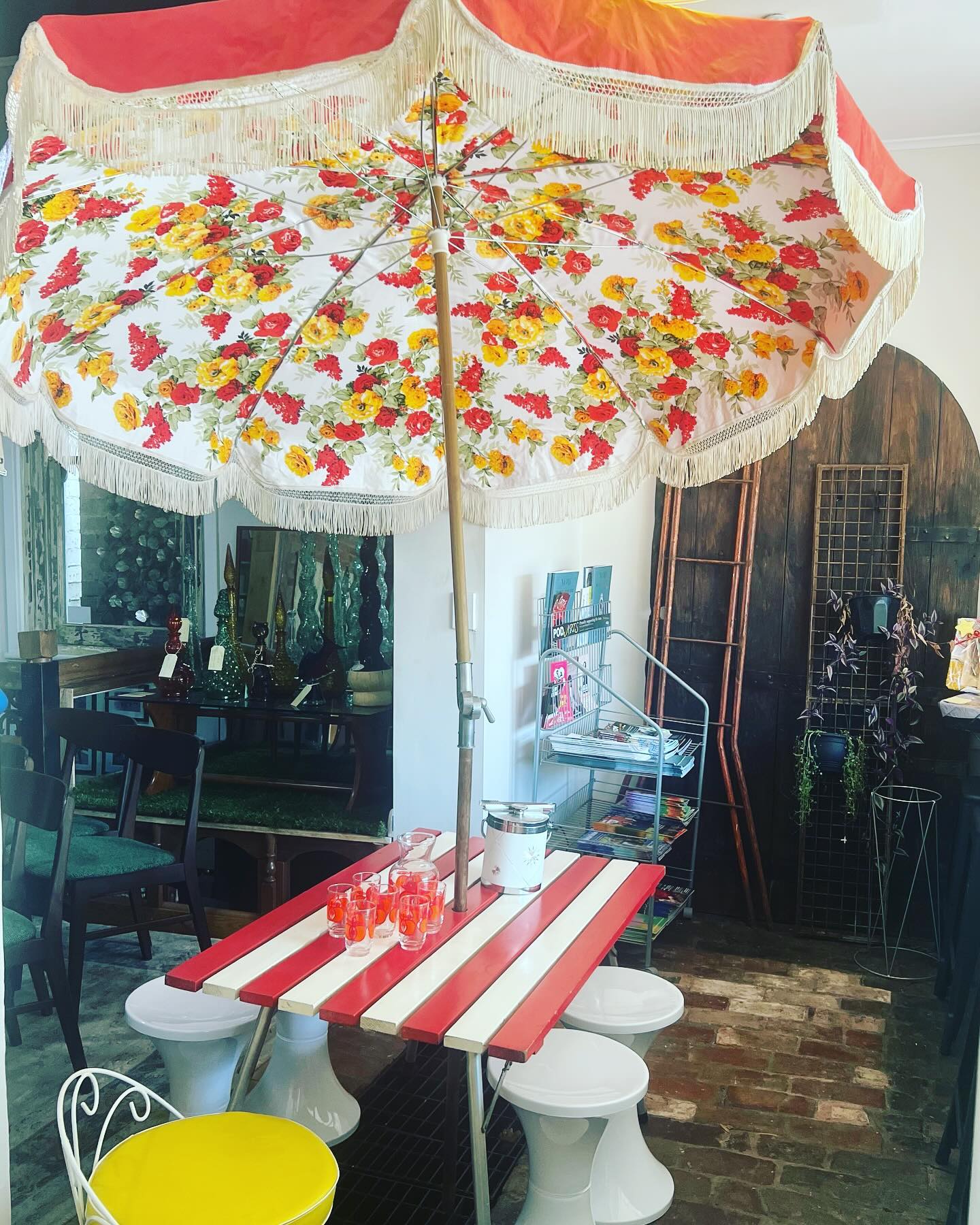 finkle fringed patio umbrella from 1950s Jazz Age Wooden Gold Tassel Fringe 6ft Tilt JZ6-01 beach days Groovy Rainbow and White Fringed