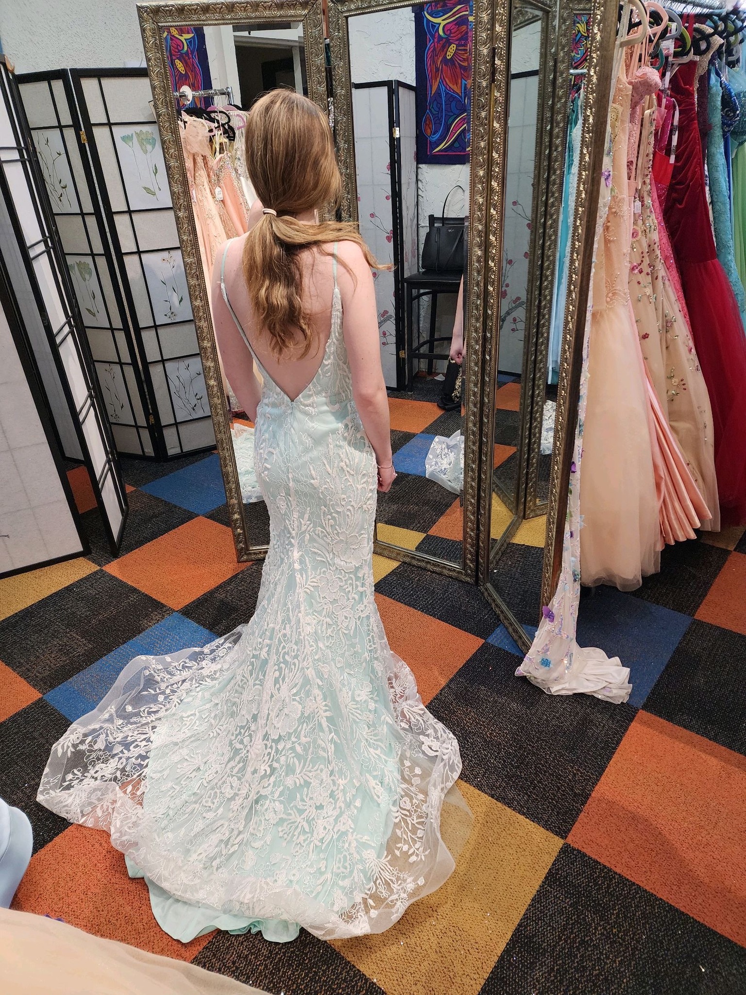 open lace back dress Sheer-Bodice Long A-Line Shimmer Prom Dress CD832 Greenery / 2