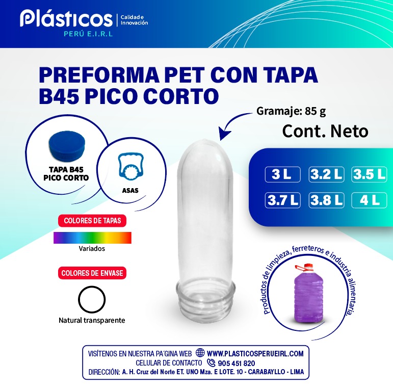 PREFORMAS PET DE 85 G🔹 Tapa B45 Asegura hermeticidad al 100% en Envases ...