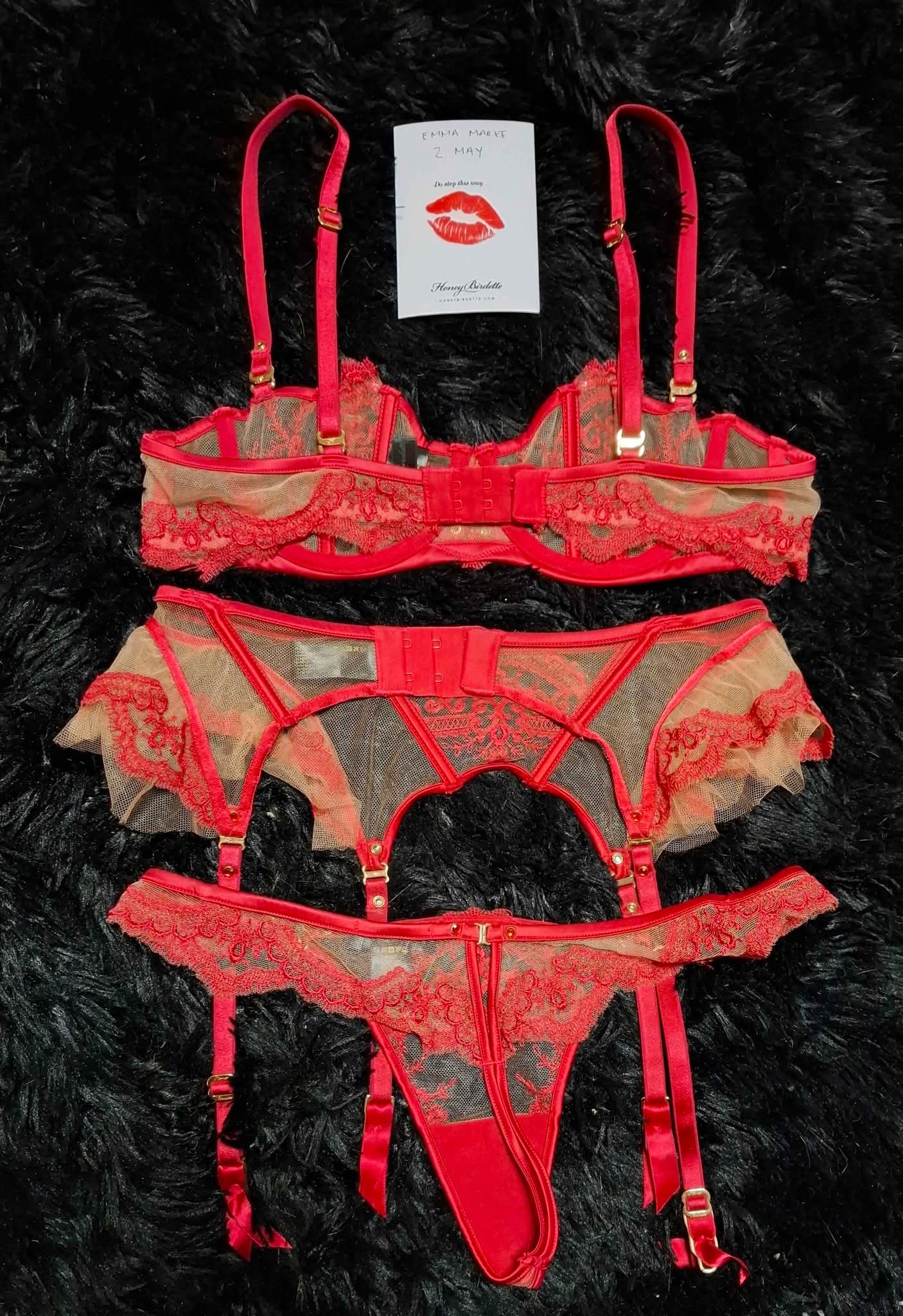 Honey Birdette Gabrielle red set - Bra 12B, Suspender S, Thong S ...