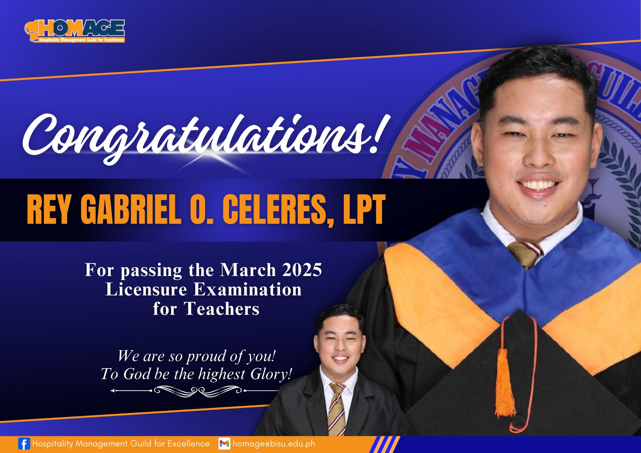 Hospitality - Congratulations, Rey Gabriel O. Celeres, LPT! Your HoMaGE ...