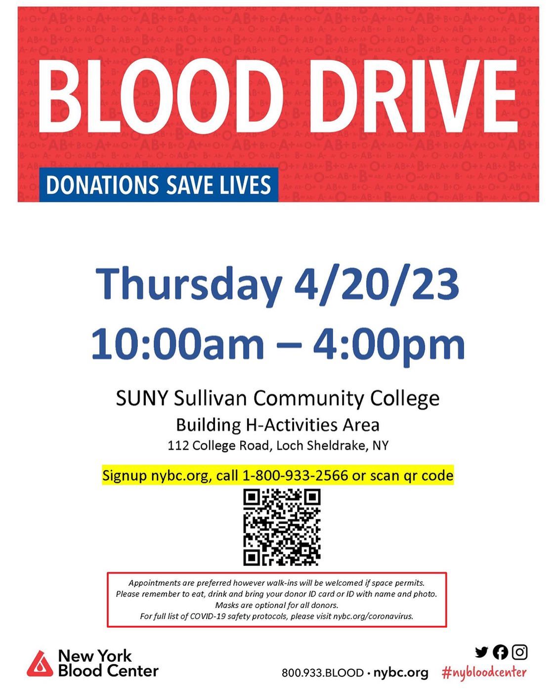 SUNY Sullivan - Blood drive Thursday, April 20! The SUNY...