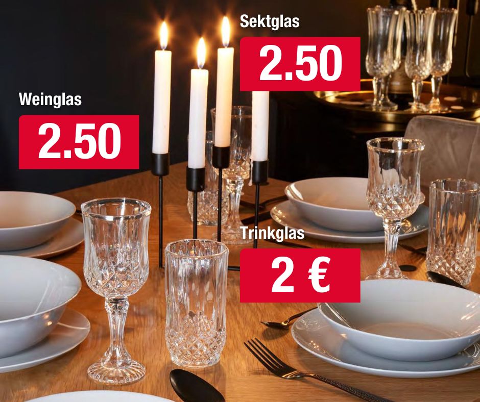 Hebe besondere Anlässe hervor! 🍽 Unsere Weingläser, Trinkgläser und Sektgläser verleihen jedem Event eine elegante Note. Perfekt für unvergessliche Momente und ein tolles Abendessen. Weinglas 2,50