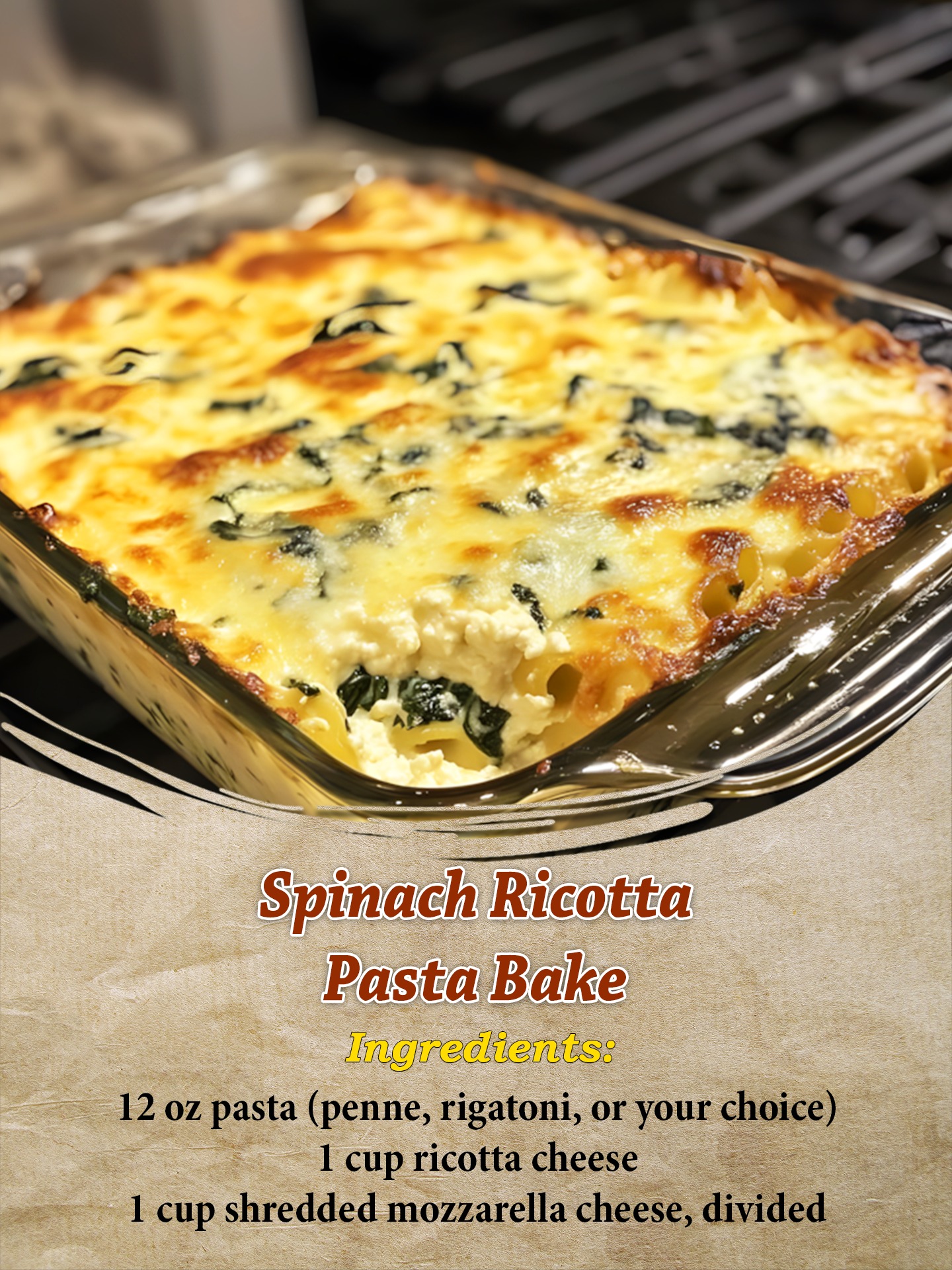 Unique - Spinach Ricotta Pasta Bake Ingredients: 12 oz pasta (penne ...