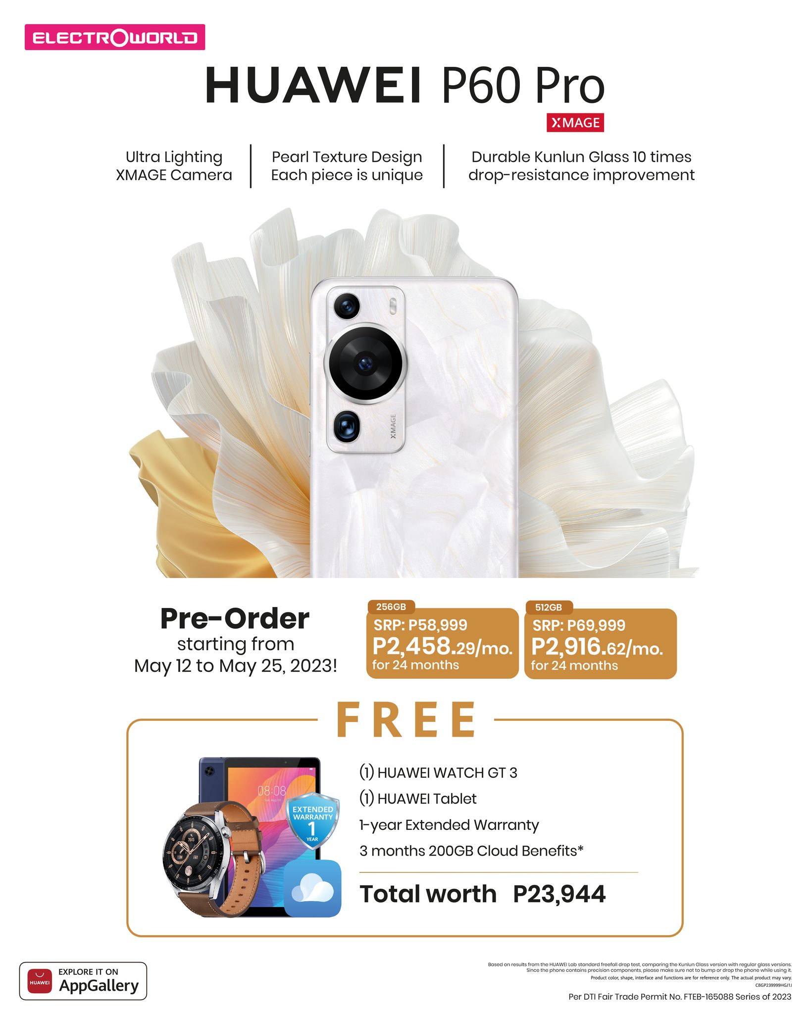 The 8GB/256GB version of the HUAWEI P60 Pro is priced at Php59,999.