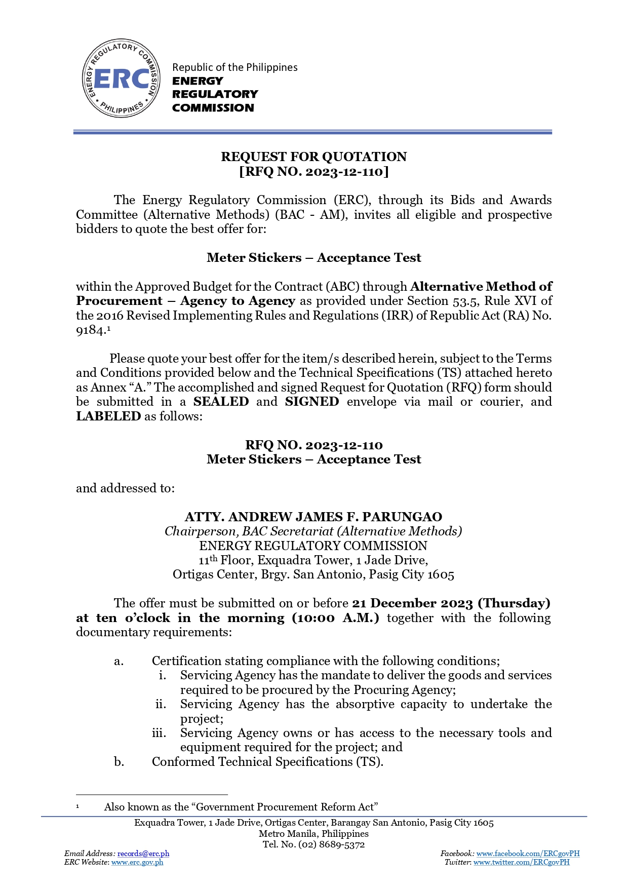 Meter Stickers - Acceptance... - Energy Regulatory Commission