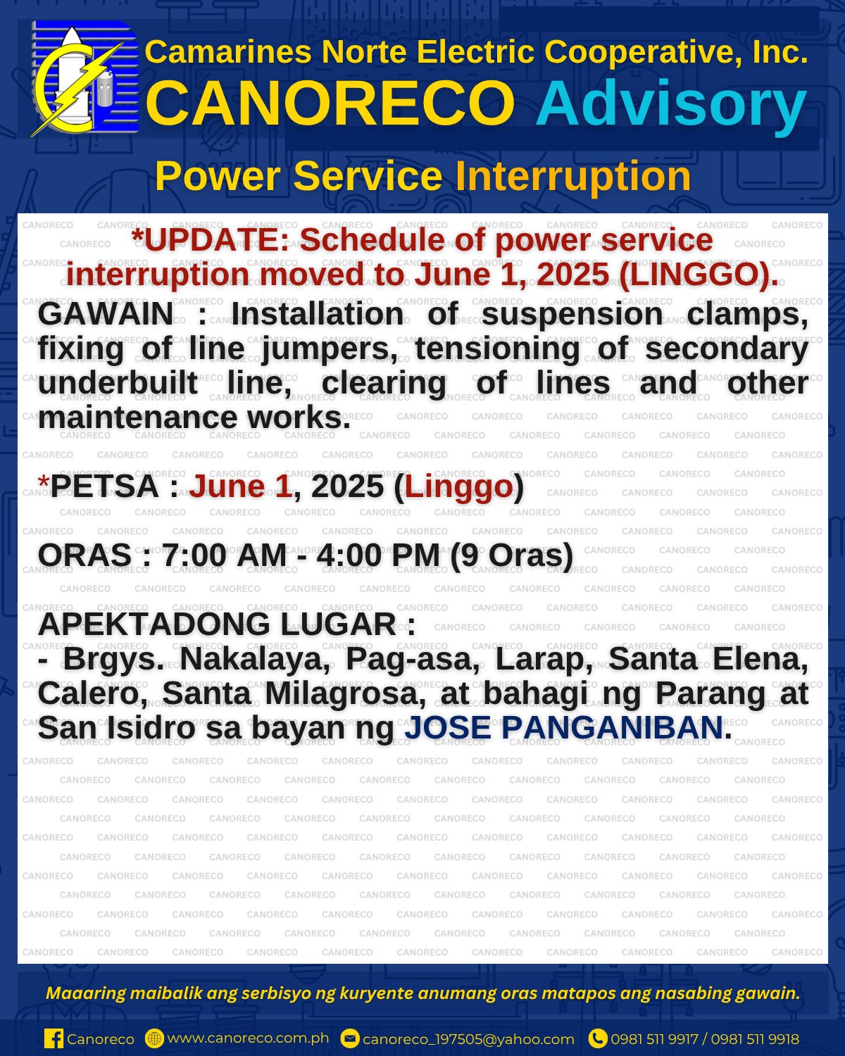 CANORECO - CANORECO Advisory: POWER SERVICE INTERRUPTION GAWAIN ...
