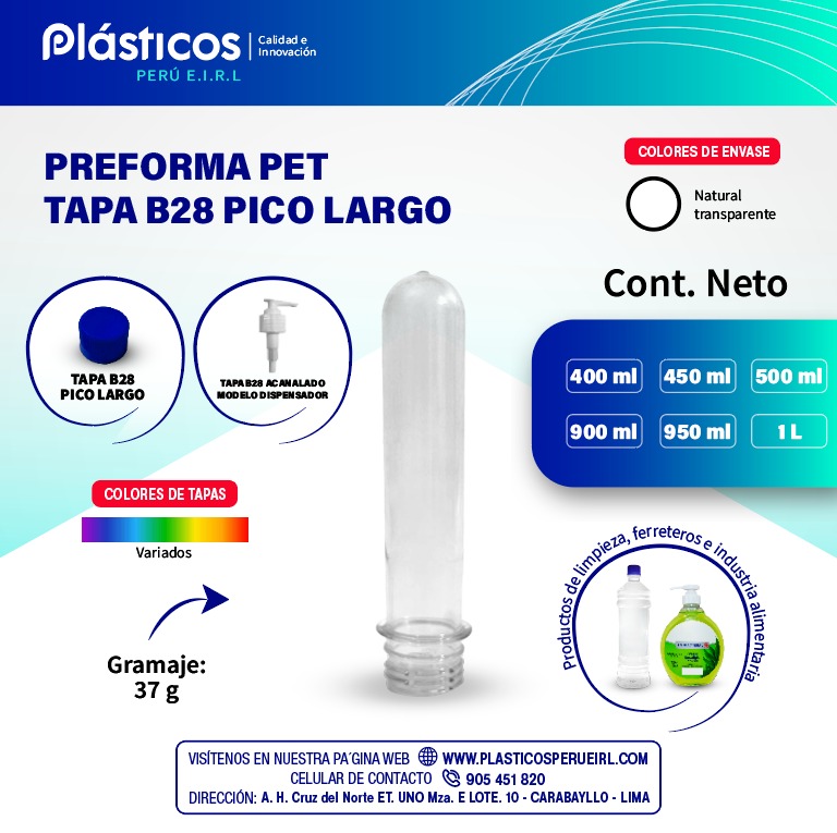 PREFORMAS PET DE 37 G Tapa B28 Pico Largo Asegura hermeticidad al 100% ...