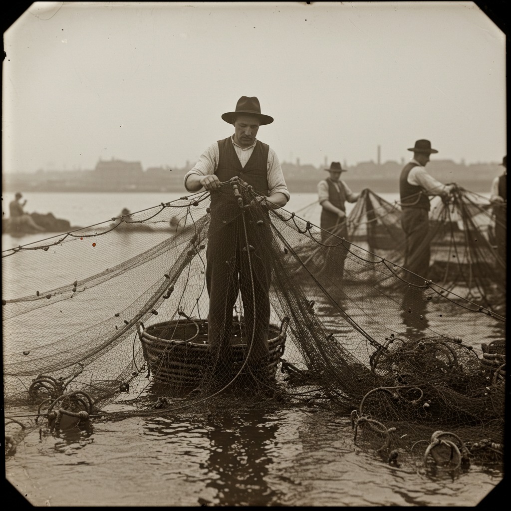 Early 20th century fisherman mending nets