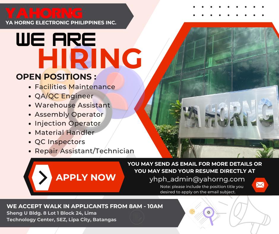 Lipa - 📌🔖MORE JOB OPPORTUNITIES🔖📌 YAHORNG ELECTRONIC is a professional ...