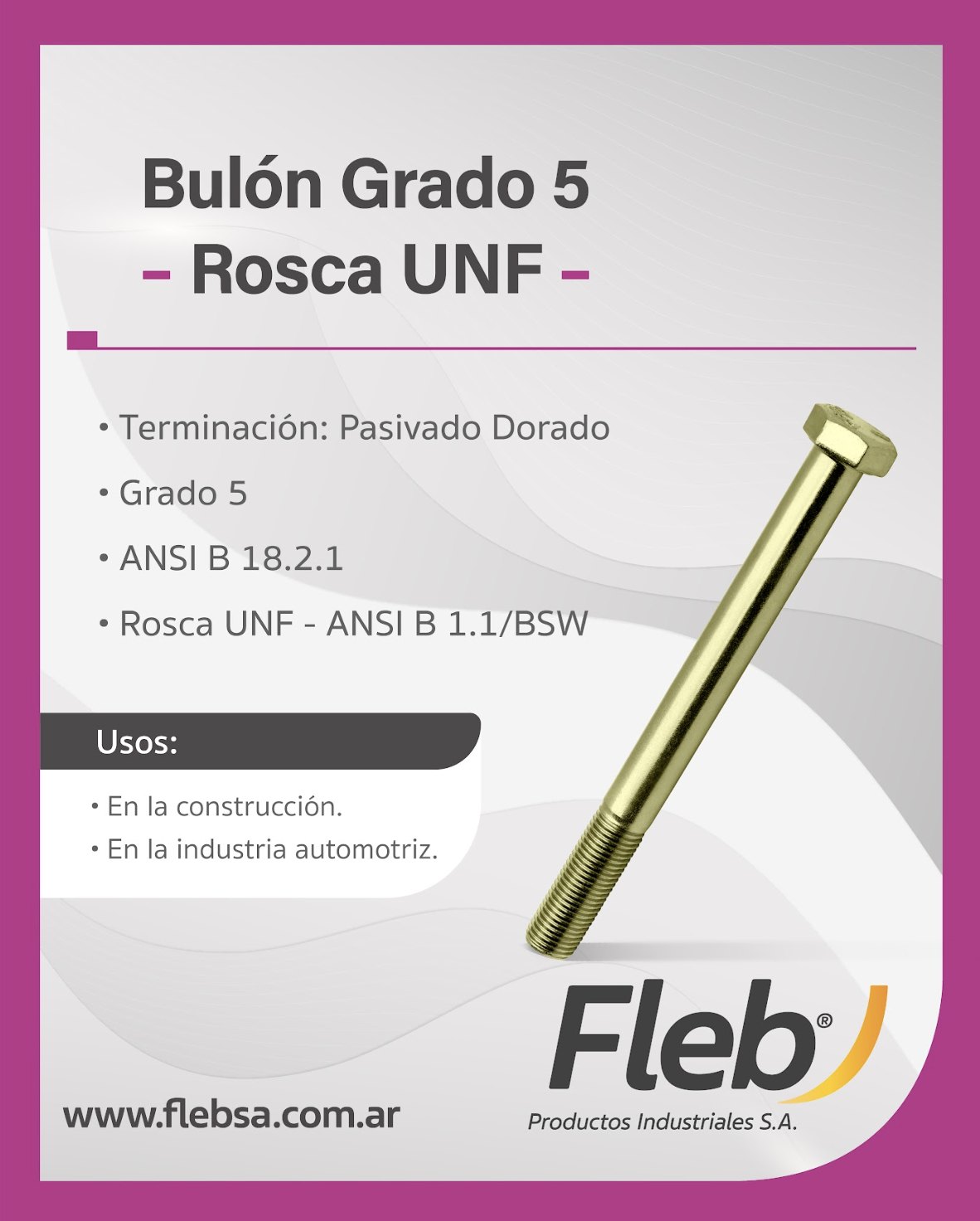 Fleb - Bulón Grado 5 - Rosca UNF • Terminación: Pasivado Dorado • Grado ...