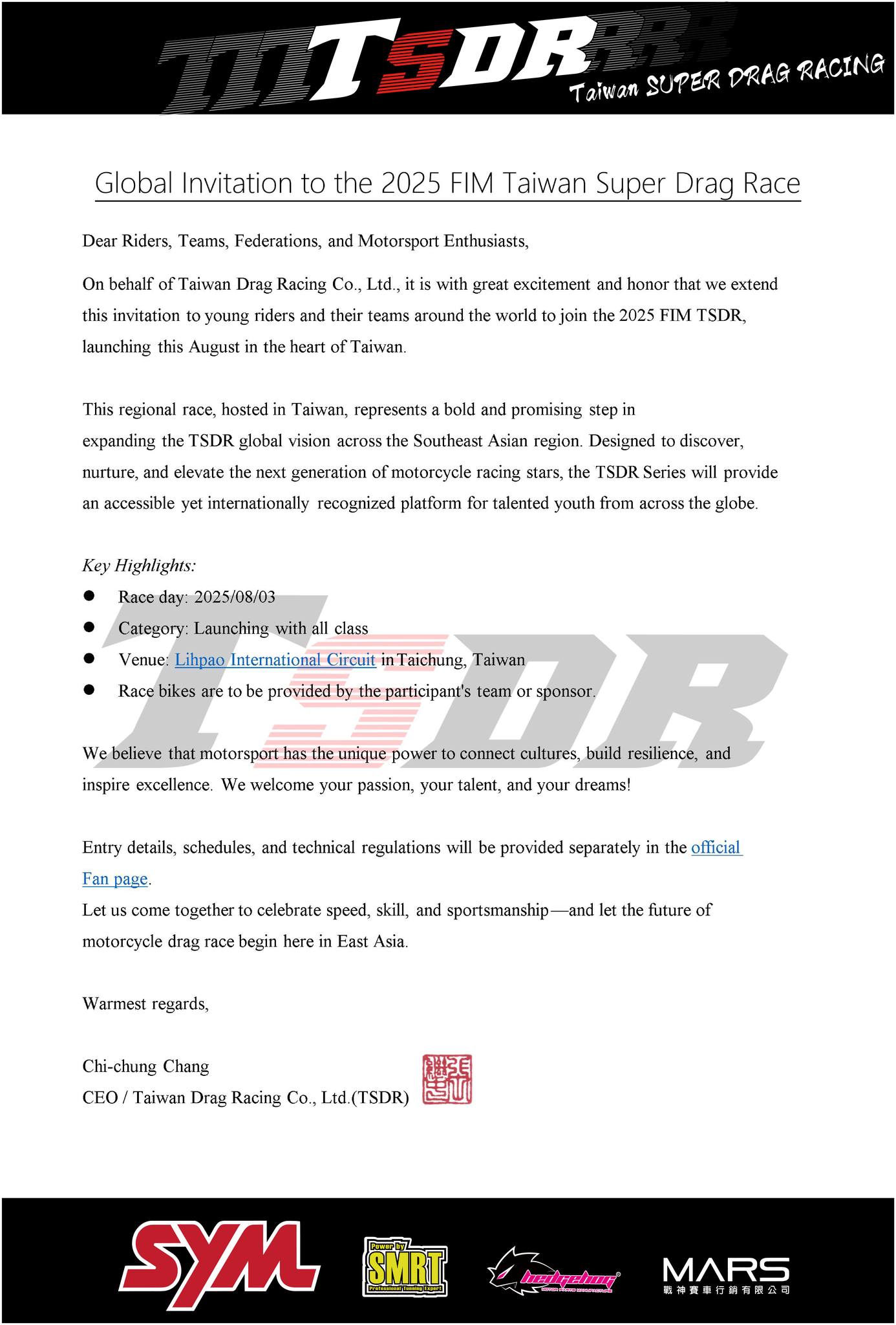 TSDR 台灣超級直線加速賽 - 【20250803 TSDR在麗寶】外籍選手參賽公告... | Facebook
