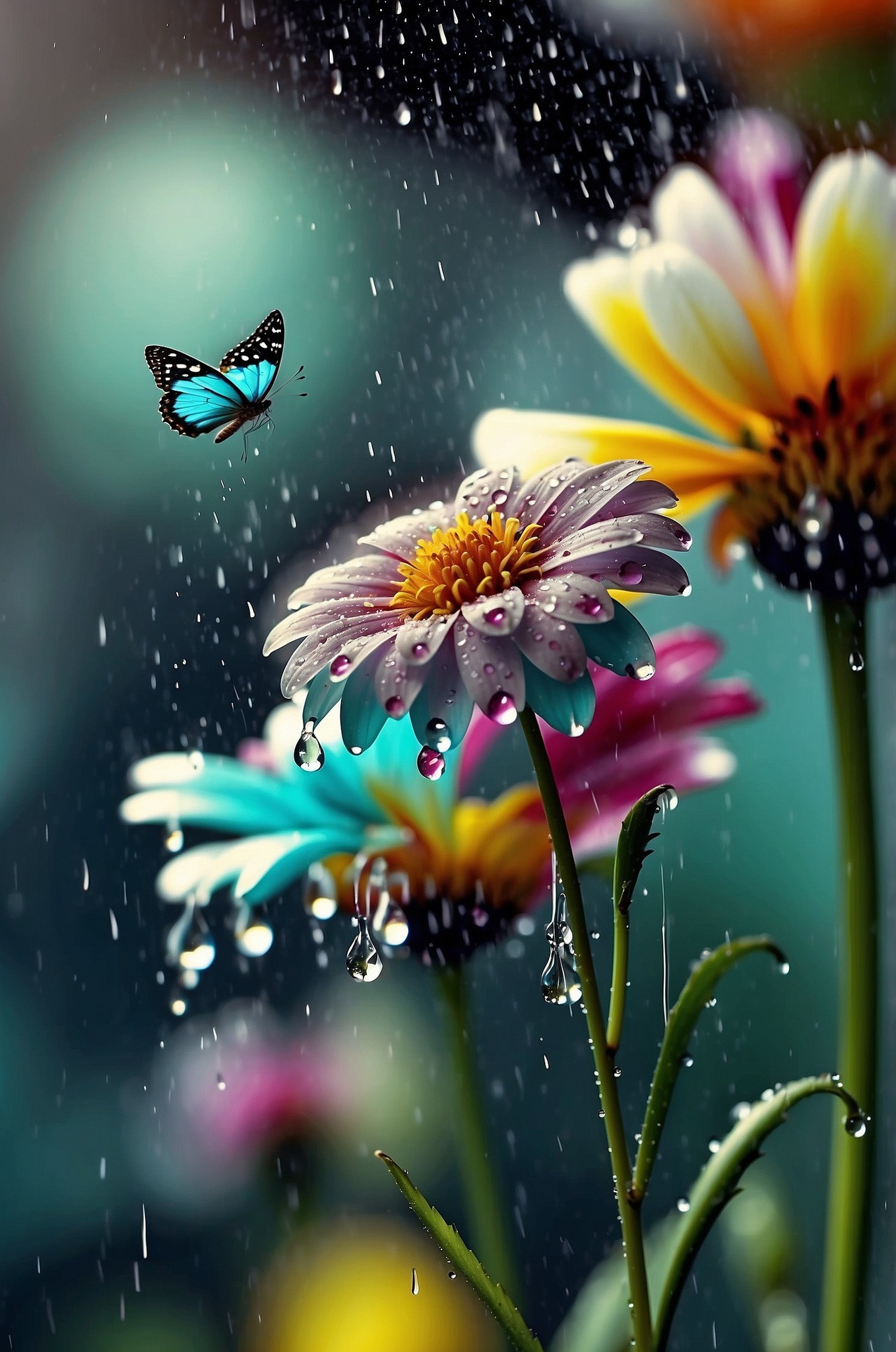 Harmony - A butterfly resting on flower petals in the rain seems to be ...