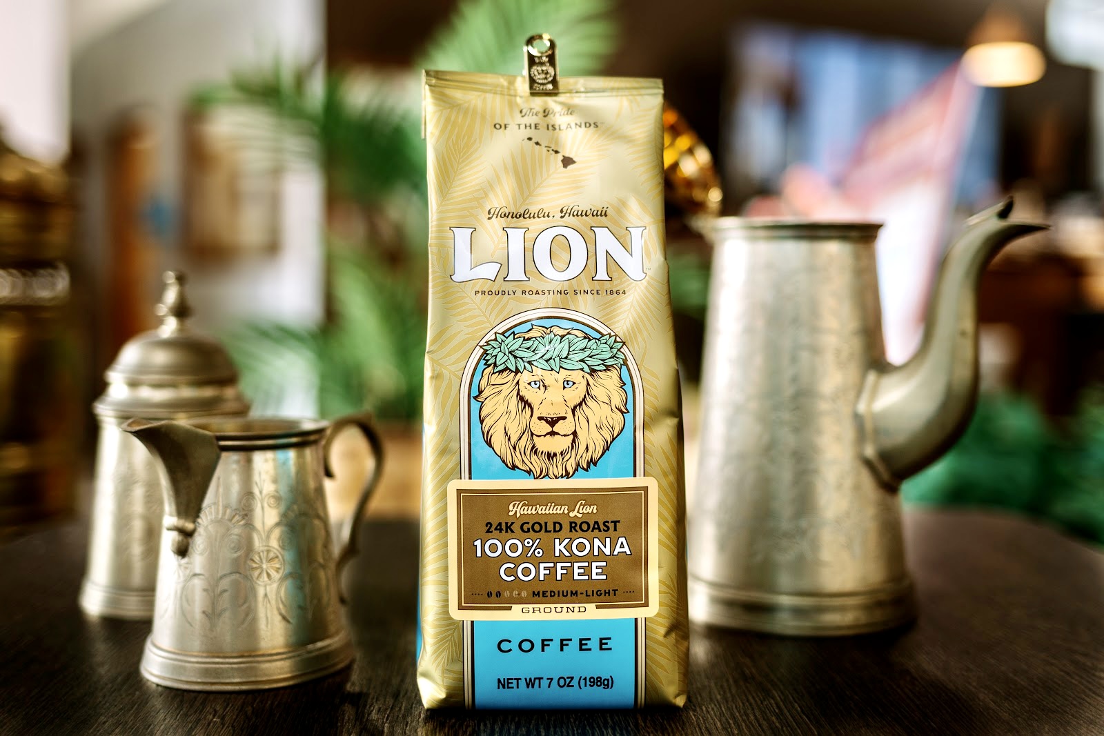 Lion 24k Gold Medium Roast 100% Kona Coffee  Lion Coffee Premium Gold Roast, 10% Kona Coffee Blend, Medium-Light Roast, A Taste of Aloha - Ground (24 Ounce Bag)