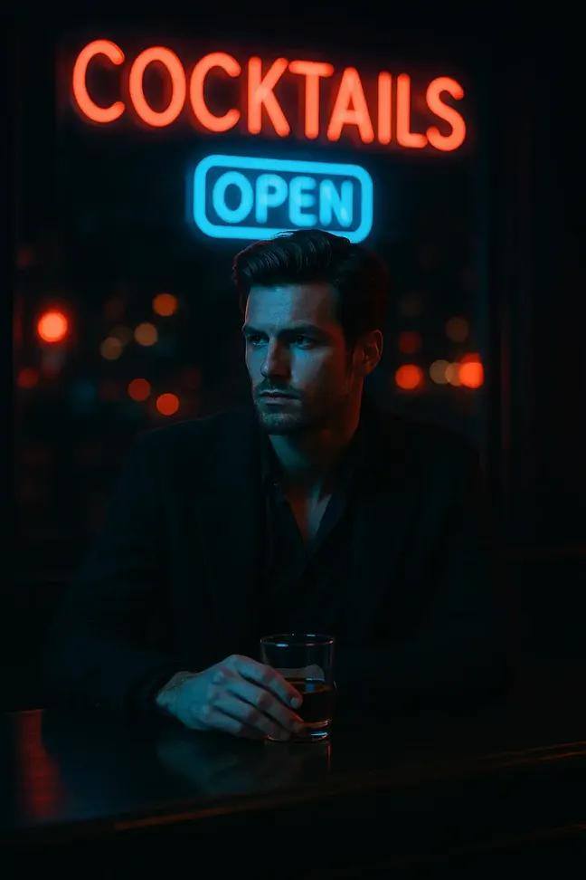 Thanuja - "A cinematic portrait of a stylish man sitting alone at a ...