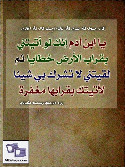 العقل والإيمان قال صلى الله عليه وسل م قال الله تعالى يابن آدم إنك ما دعوتني ورجوتني غفرت لك على ما كان منك ولا أبالي يا ابن آدم