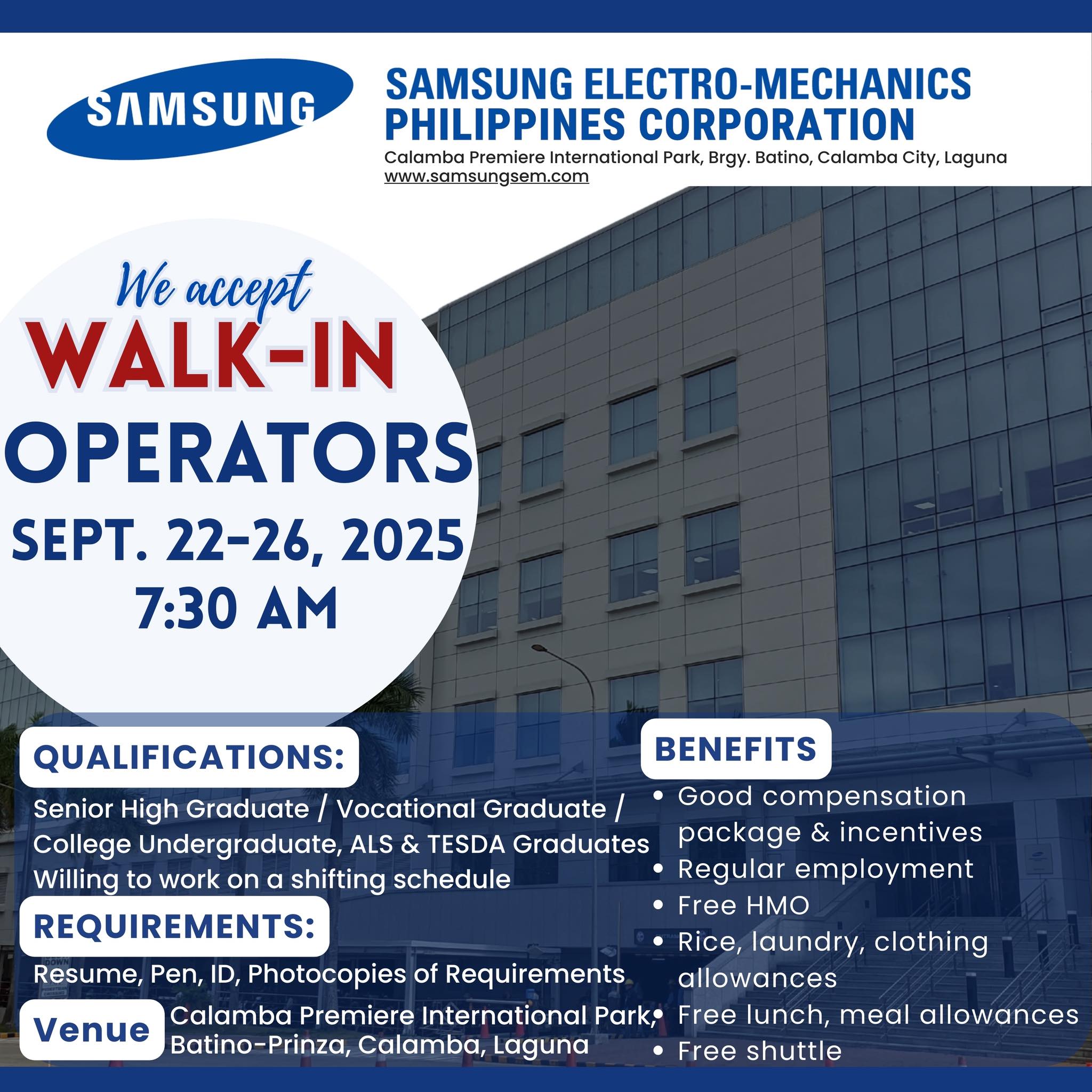Samsung - 📢 Walk-In Hiring Activity 🗓️ September 22-26, 2025 ⏰ 7:30 AM ...