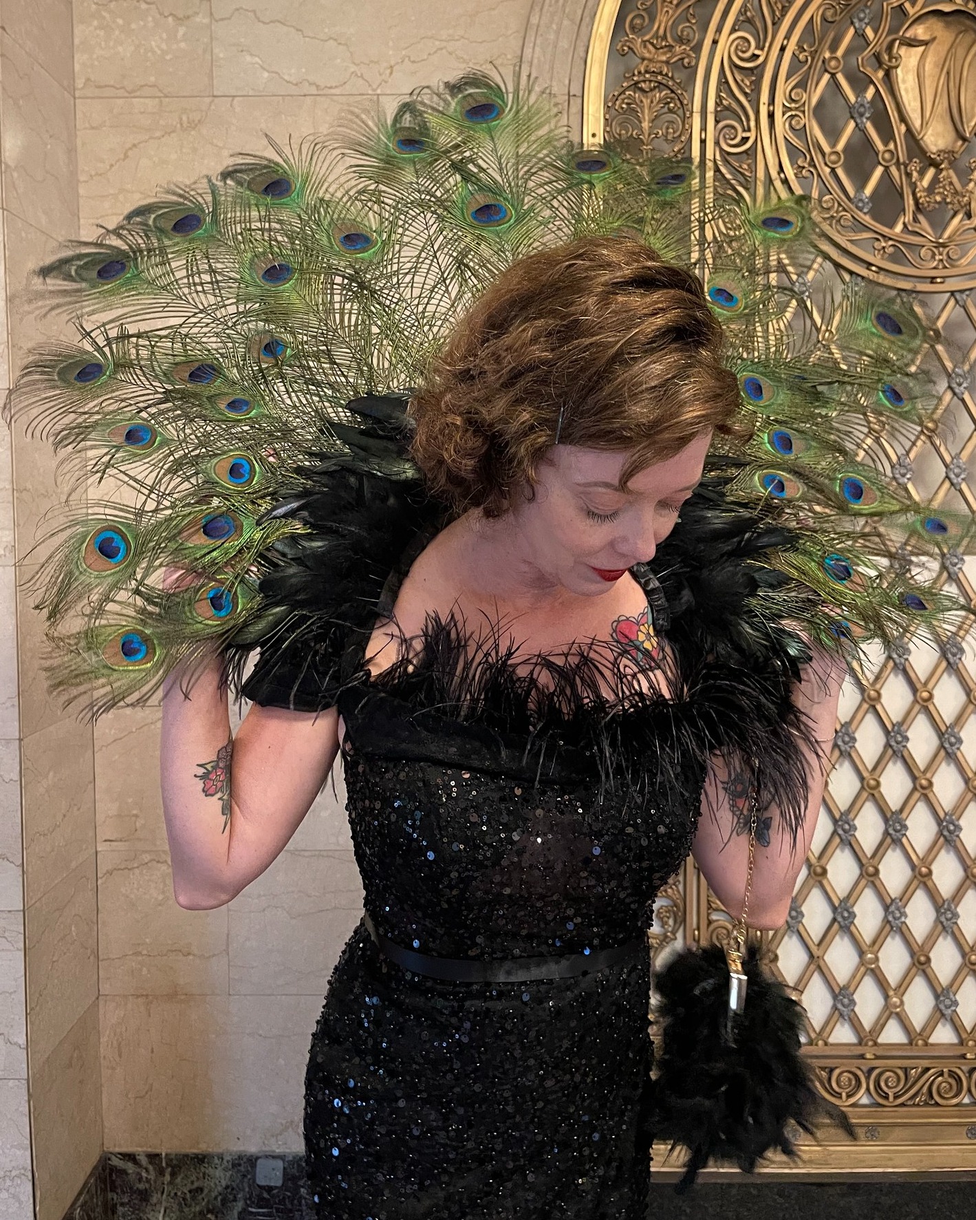 peacock feather formal dress The Room's fairy Kelly in enchanting gown Luxury clothing for businesswomen