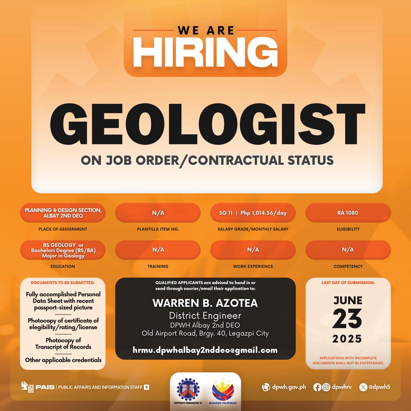DPWH - We are HIRING! 1 GEOLOGIST (on Job Order/Contractual Basis) SG ...