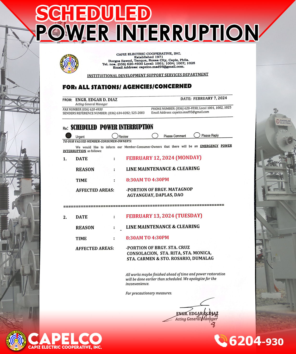 Capiz - SCHEDULED POWER INTERRUPTION 8:30 sang aga tubtob 4:30 sang ...