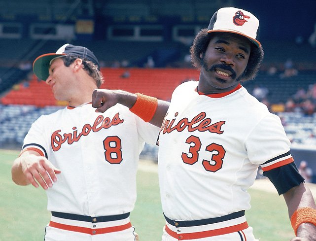 Eddie Murray and Cal Ripken Jr. celebrate winning the 1983 World