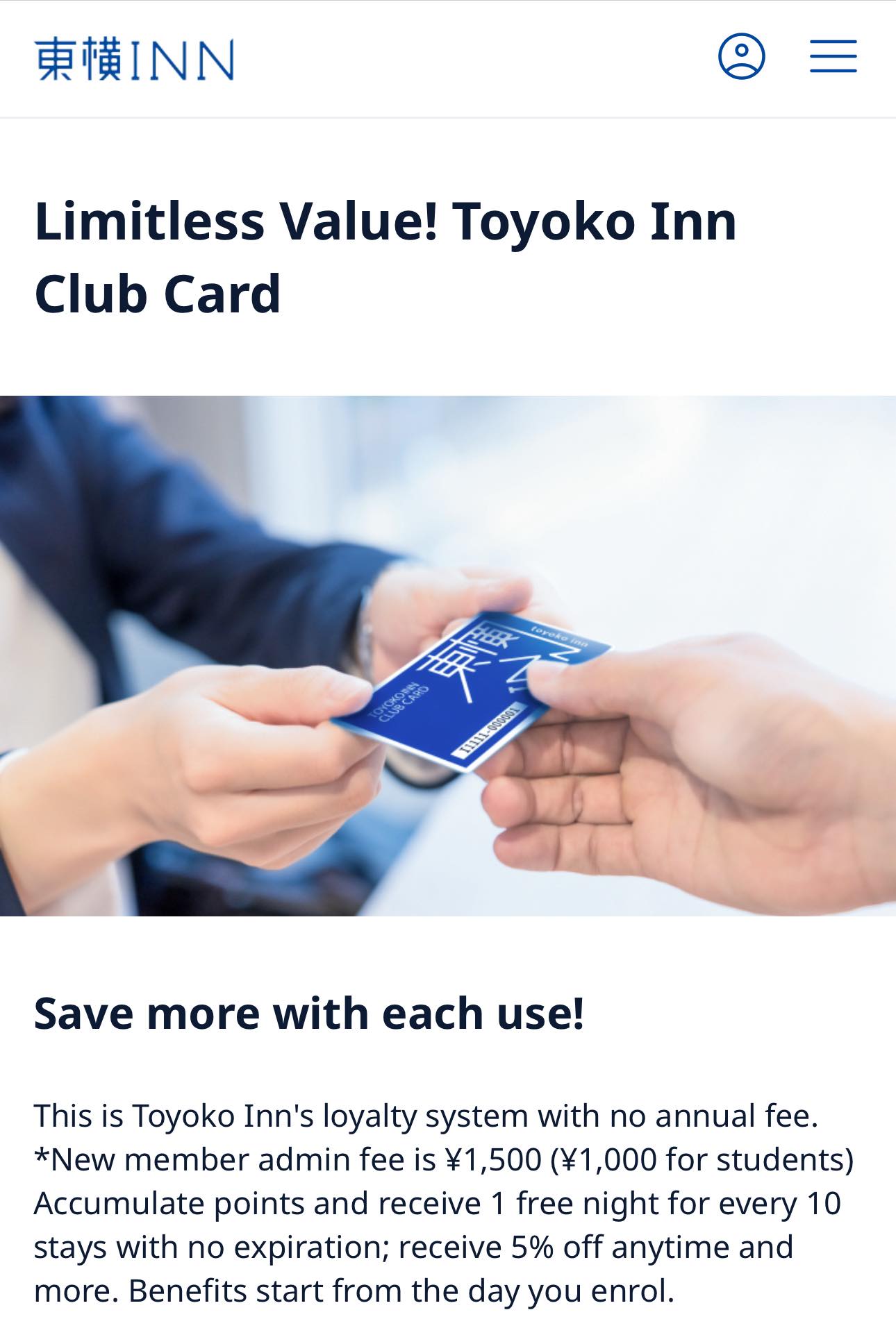 Toyoko Inn hotel booking benefits for members