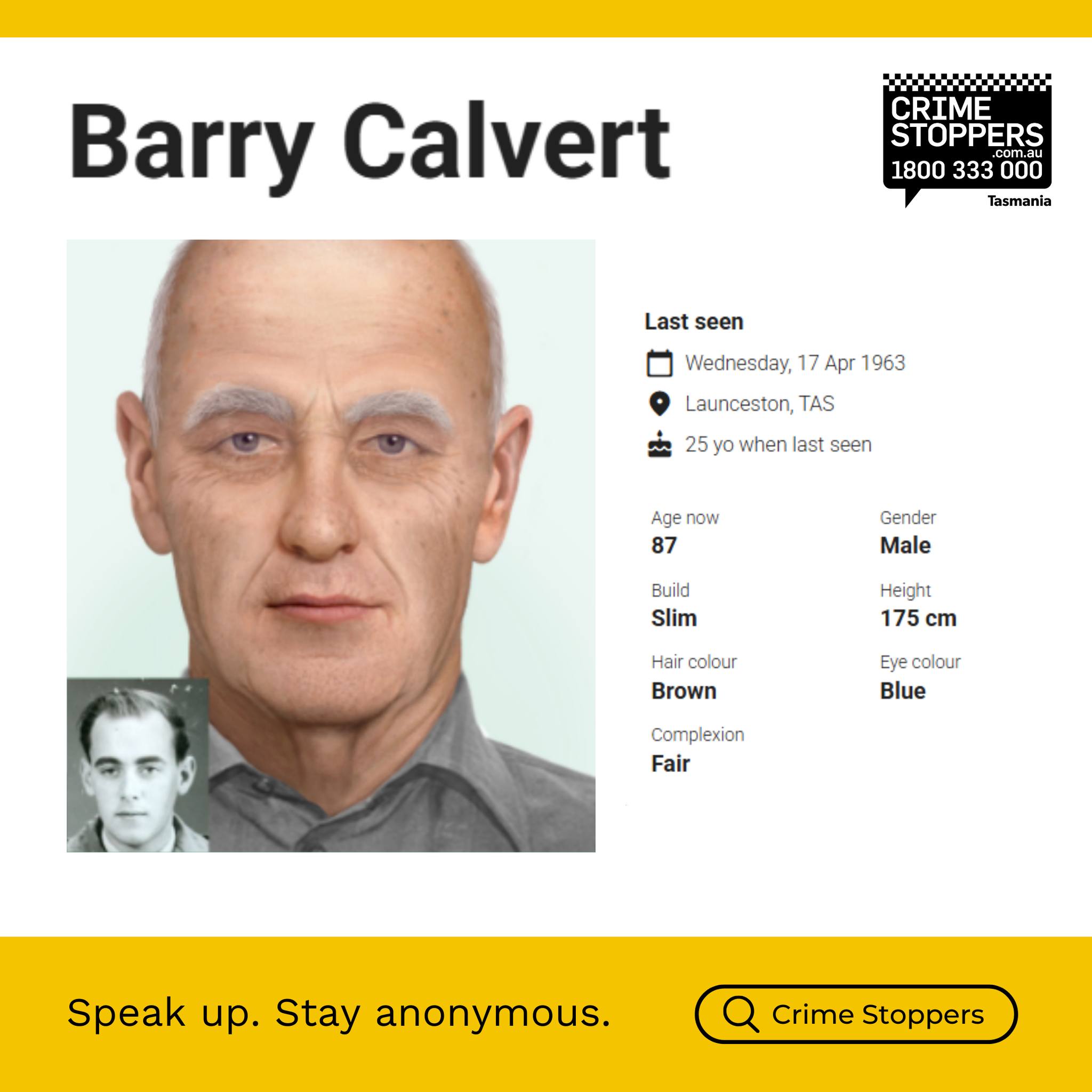 Crime Stoppers Tasmania - Missing but not forgotten 💙 Barry Calvert has ...