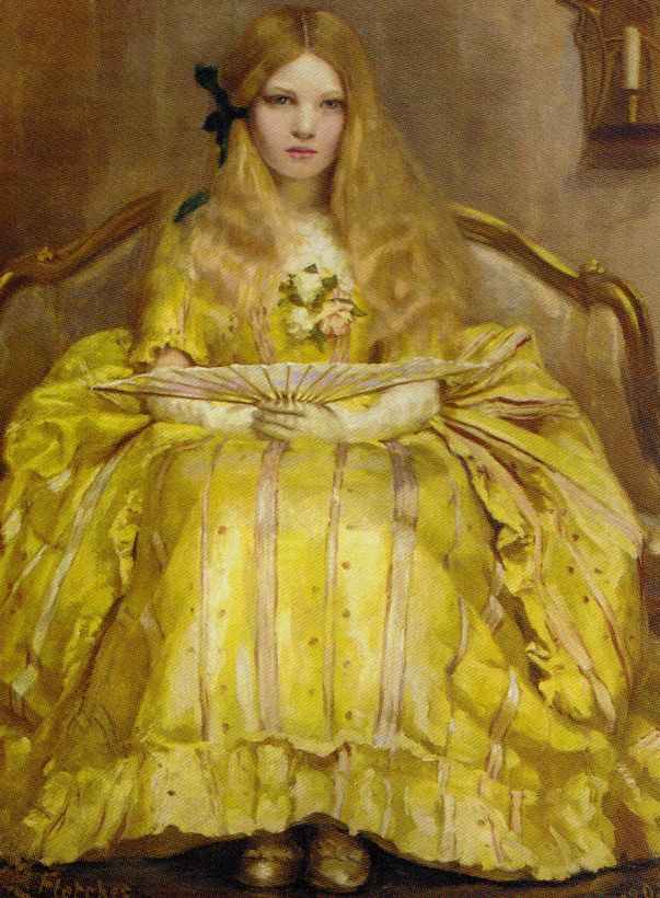 the lady in yellow dress Vintage portrait of a girl a by Margaret Fletcher the kiss painting
