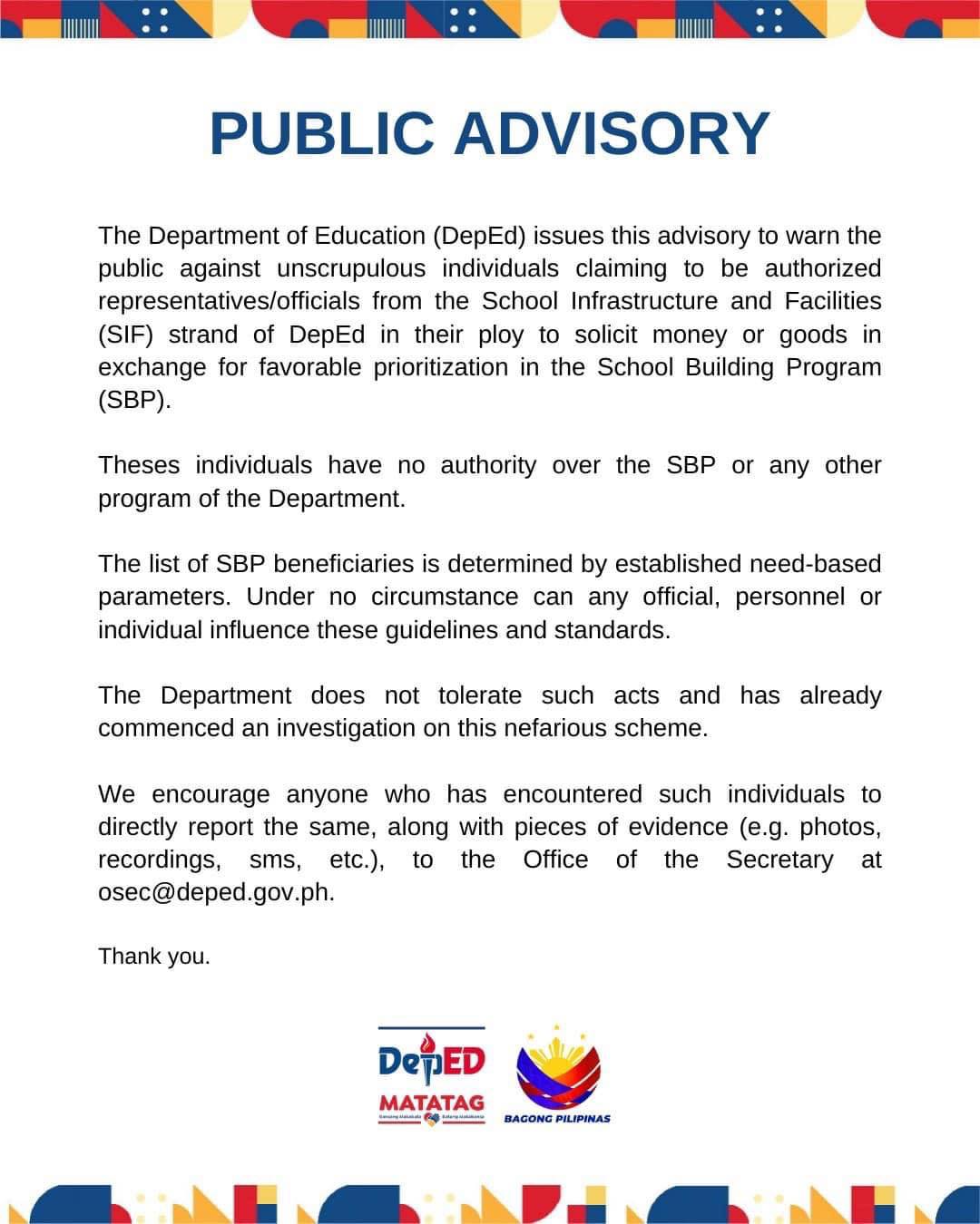 DepEd - PUBLIC ADVISORY The Department of Education (DepEd) issues this ...