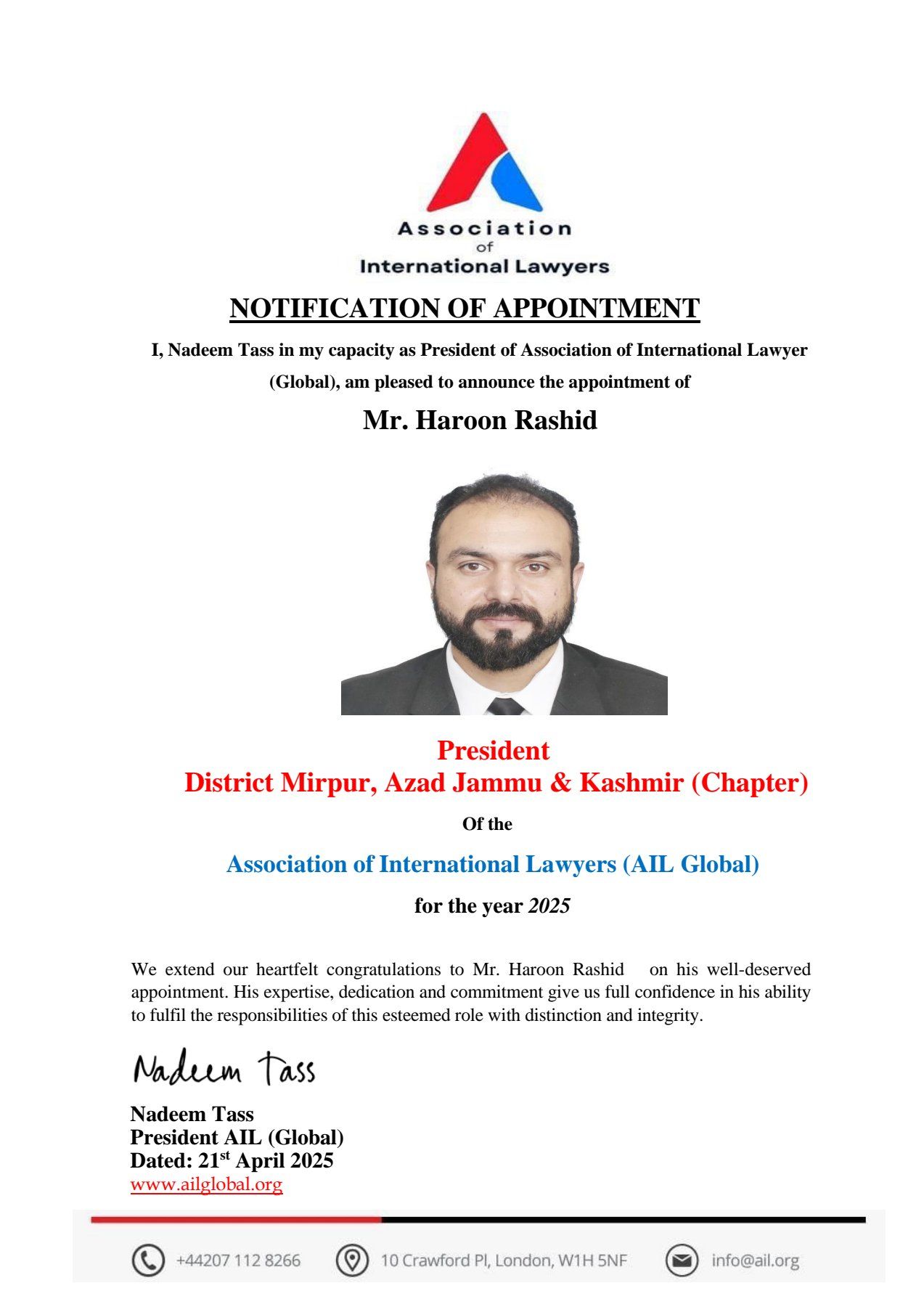 Association - We are pleased to announce that Mr. Haroon Rashid has ...