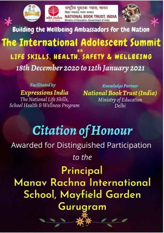 Manav Rachna International School Mayfield Gardens Sector 51 Gurugram Citation Of Honour Awarded To The School The 9th International Adolescent Summit Mris51 Gurugram Mris 51 Gurugram Grade Ix Students Participated In The 9th International