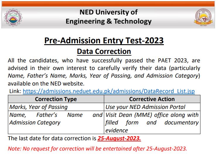 Pre-Admission Entry Test-2023 Data Correction All the candidates, who ...