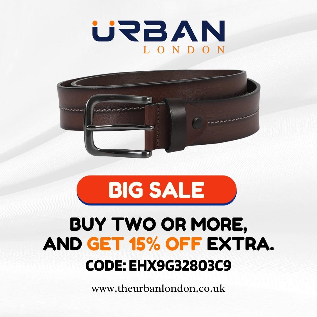 Urban London Men's Genuine Leather Belt - 1.5" Width, Adjustable Brass Buckle, Turkish Made