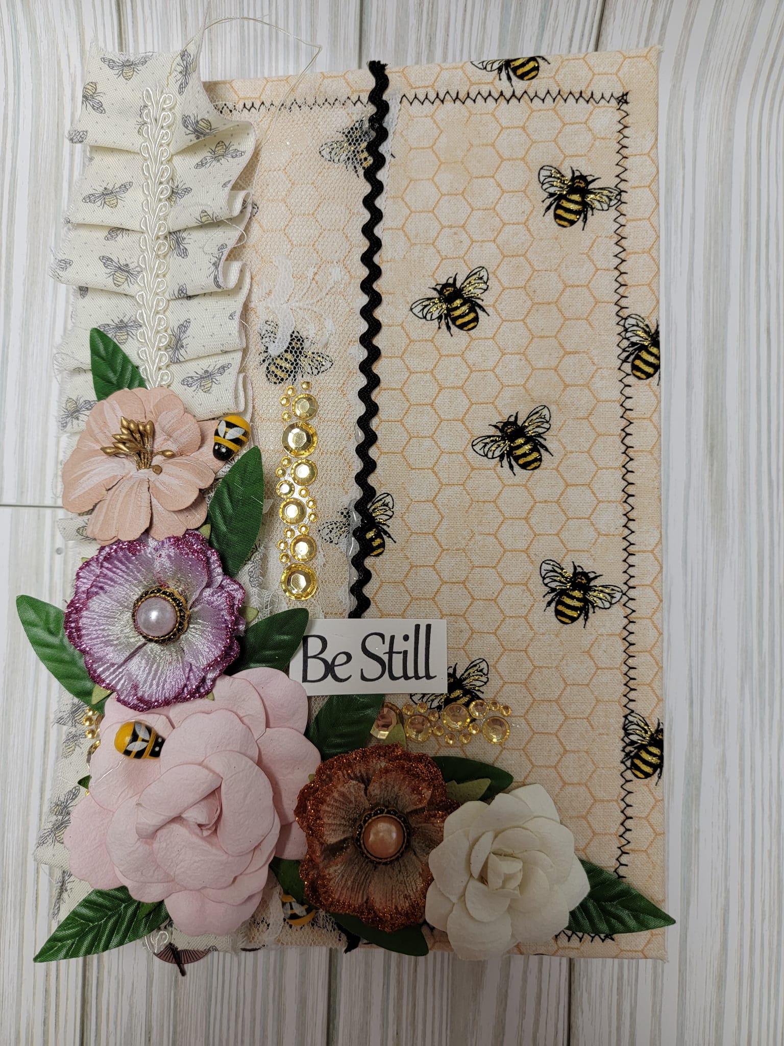 Bumblebee themed junk journal page with 3D flowers