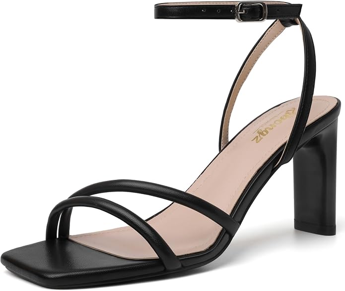 RIBONGZ Women's Strappy Heeled Sandals - 3.5 Inch Chunky Block Heels With Square Open Toe & Ankle Strap