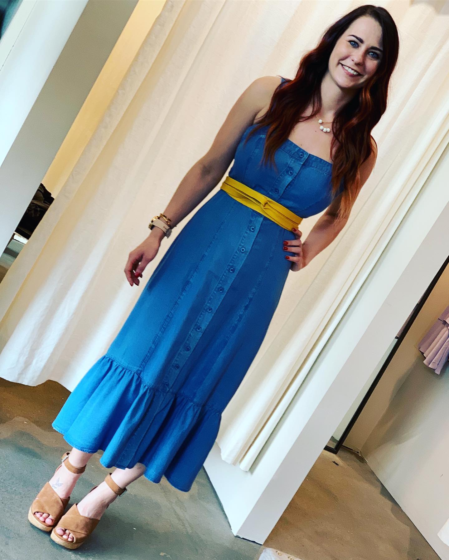 blue dress yellow belt Midi denim outfit with wrap and suede wedges Made in Ukraine Step