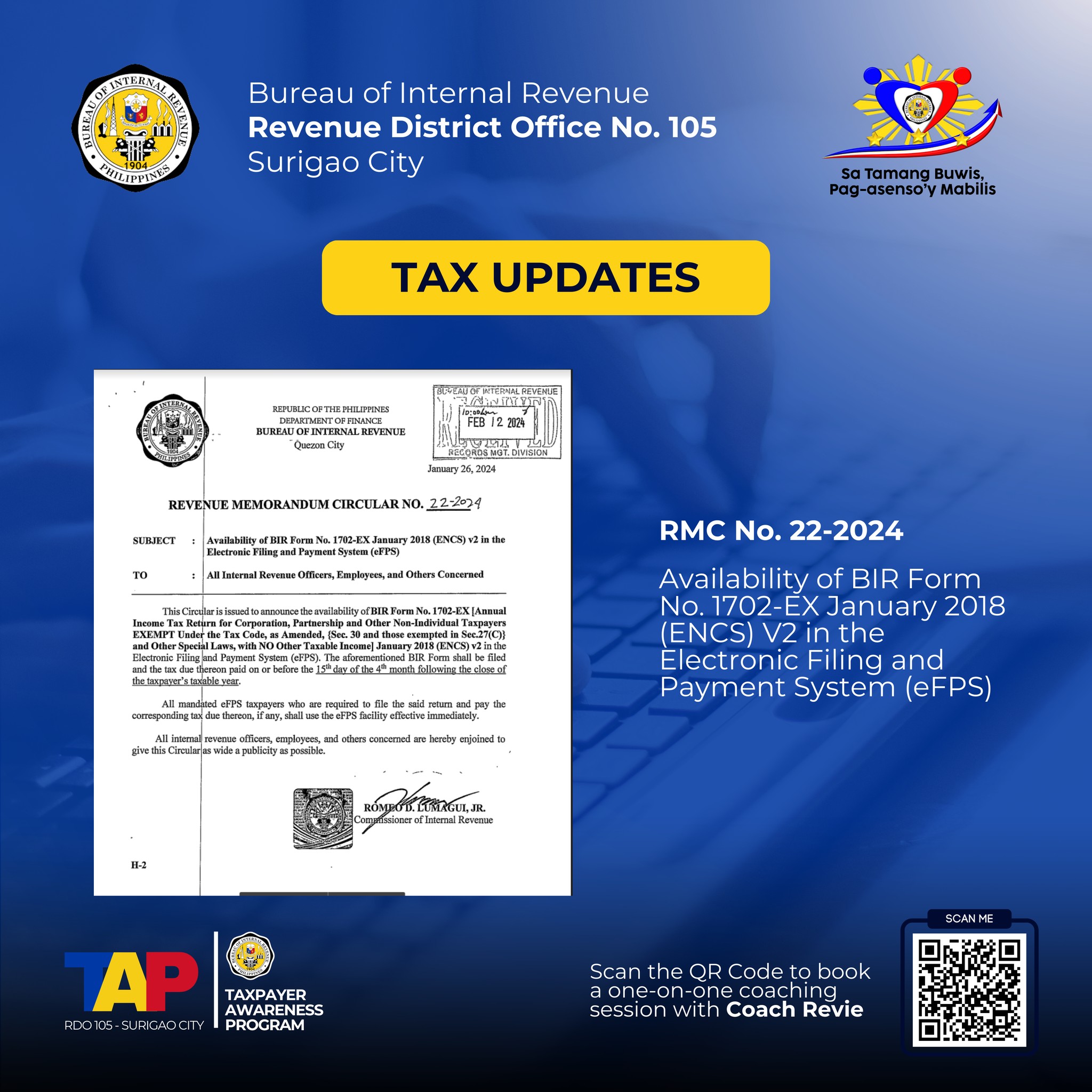 TO ALL TAXPAYERS 📣📣📣 RMC No. 22-2024 Availability of BIR Form No. 1702 ...