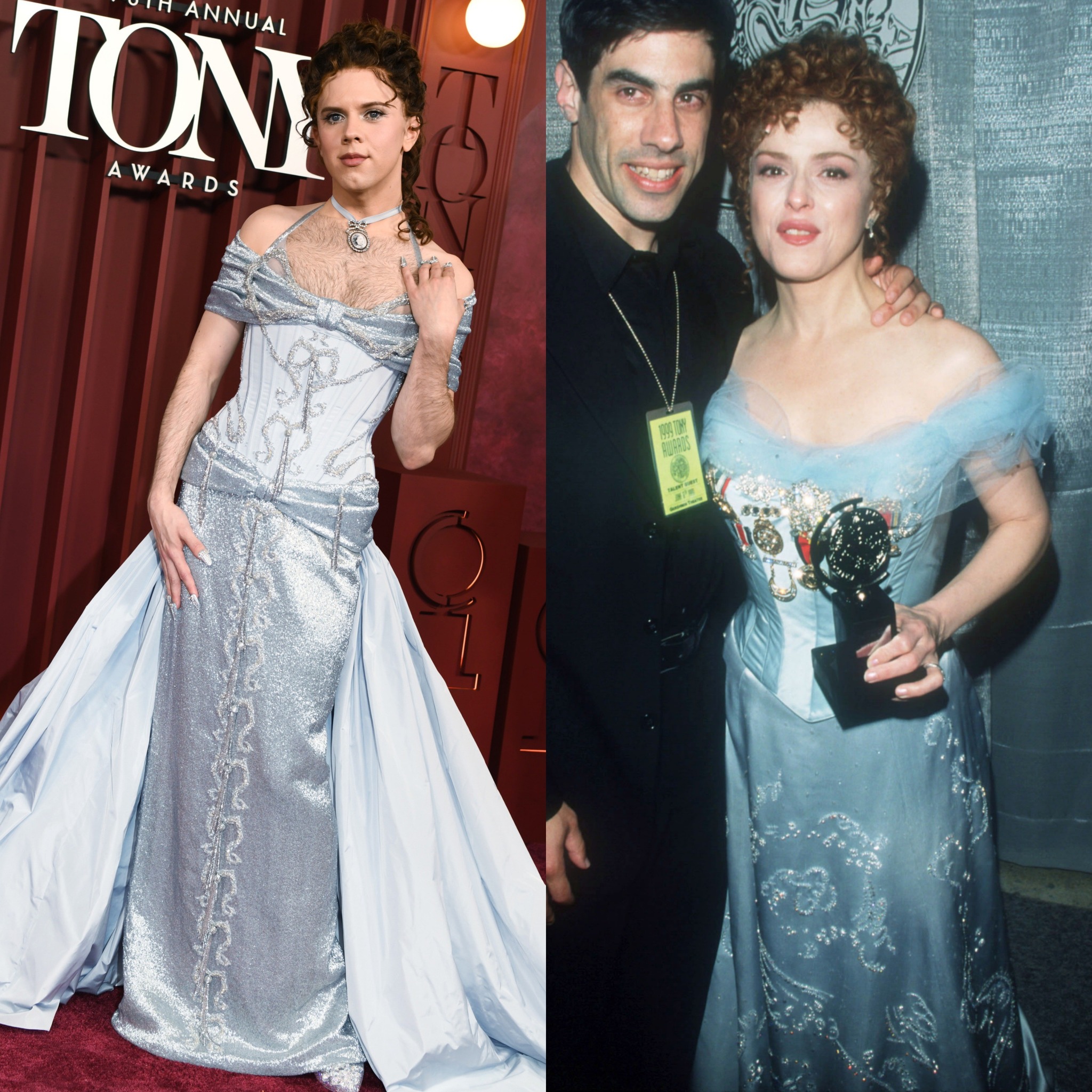 bernadette peters blue dress Cole Escola brought a bit of Broadway magic to the #TonyAwards red carpet in a gown reminiscent of Peters' 1999 look. 🩵 Plus a flowing red wig—styled in Peters' signature curls—completed Length:Semi Tall collection:LUX26 Cobalt Blue Satin Scoop Tonys 2025