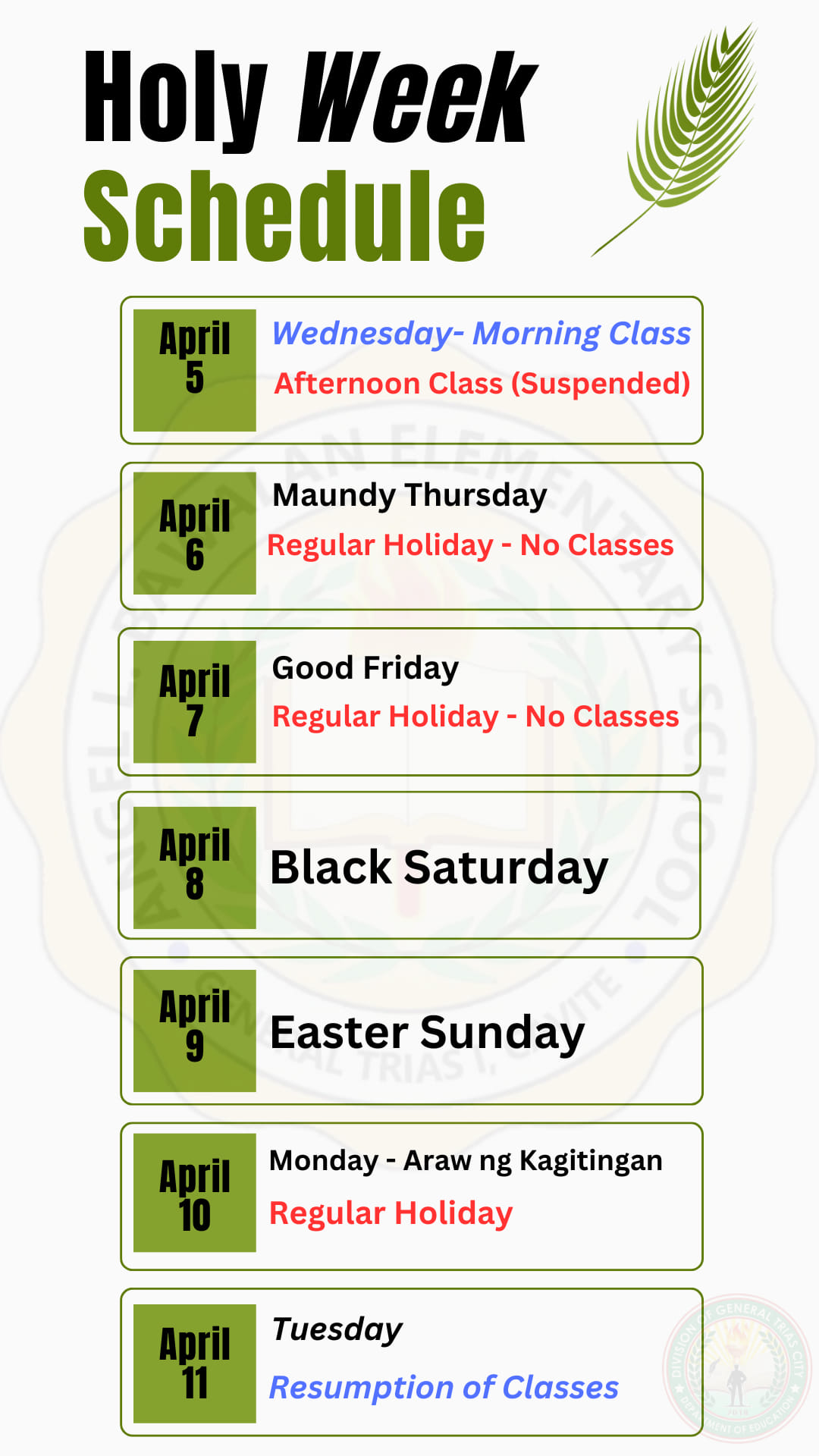ANNOUNCEMENT Angel L. Bawalan Elementary School's schedule this Holy ...