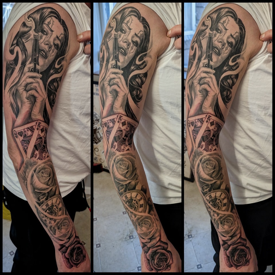 deck of cards tattoo sleeve Lucky Gambling Guns Playing Roses Dice Horse Shoe Cross Woman Dove Temporary Tattoos Cool Western Tattoo Ideas: Sleeve,