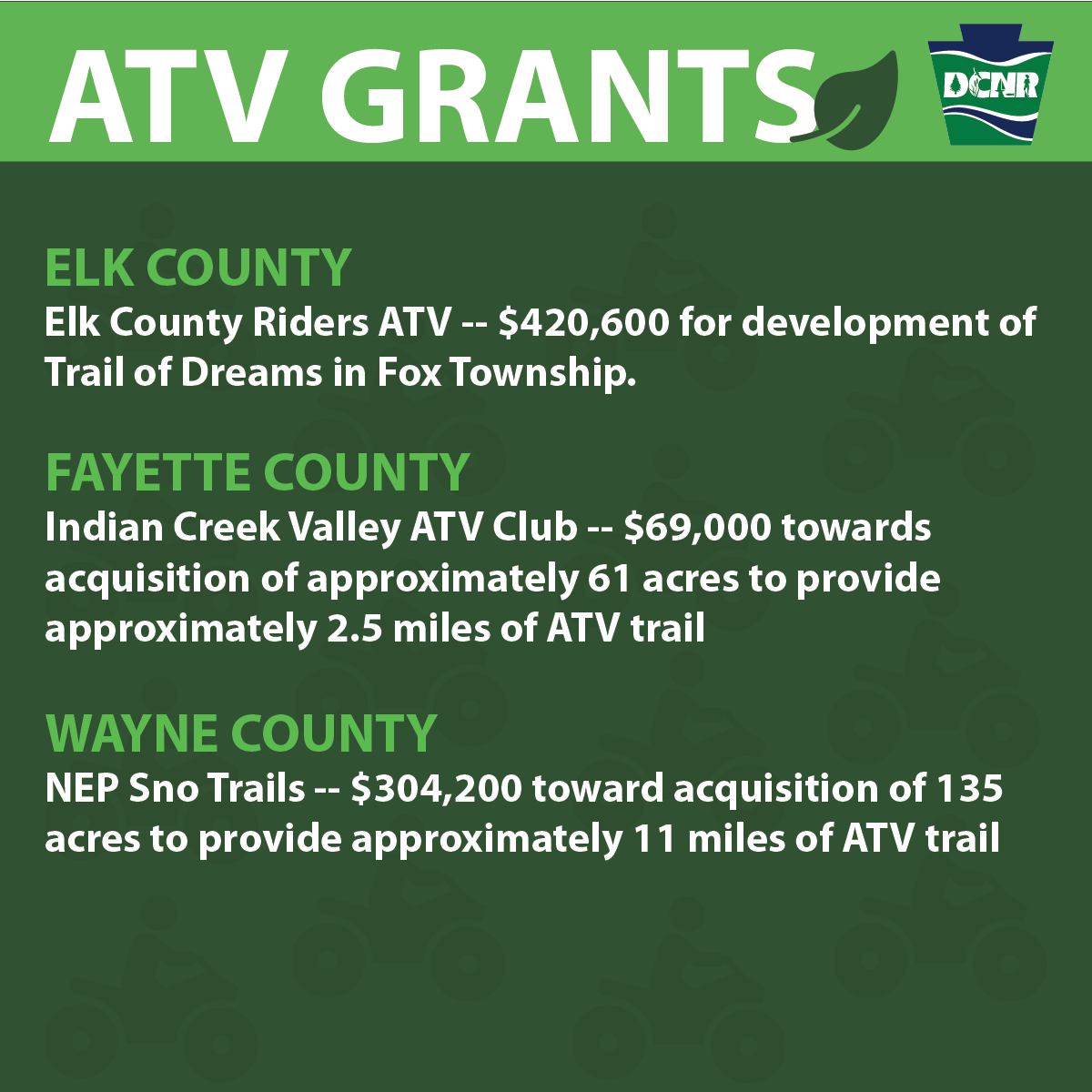 DCNR announces new grant funding totaling $793,800 for all-terrain ...