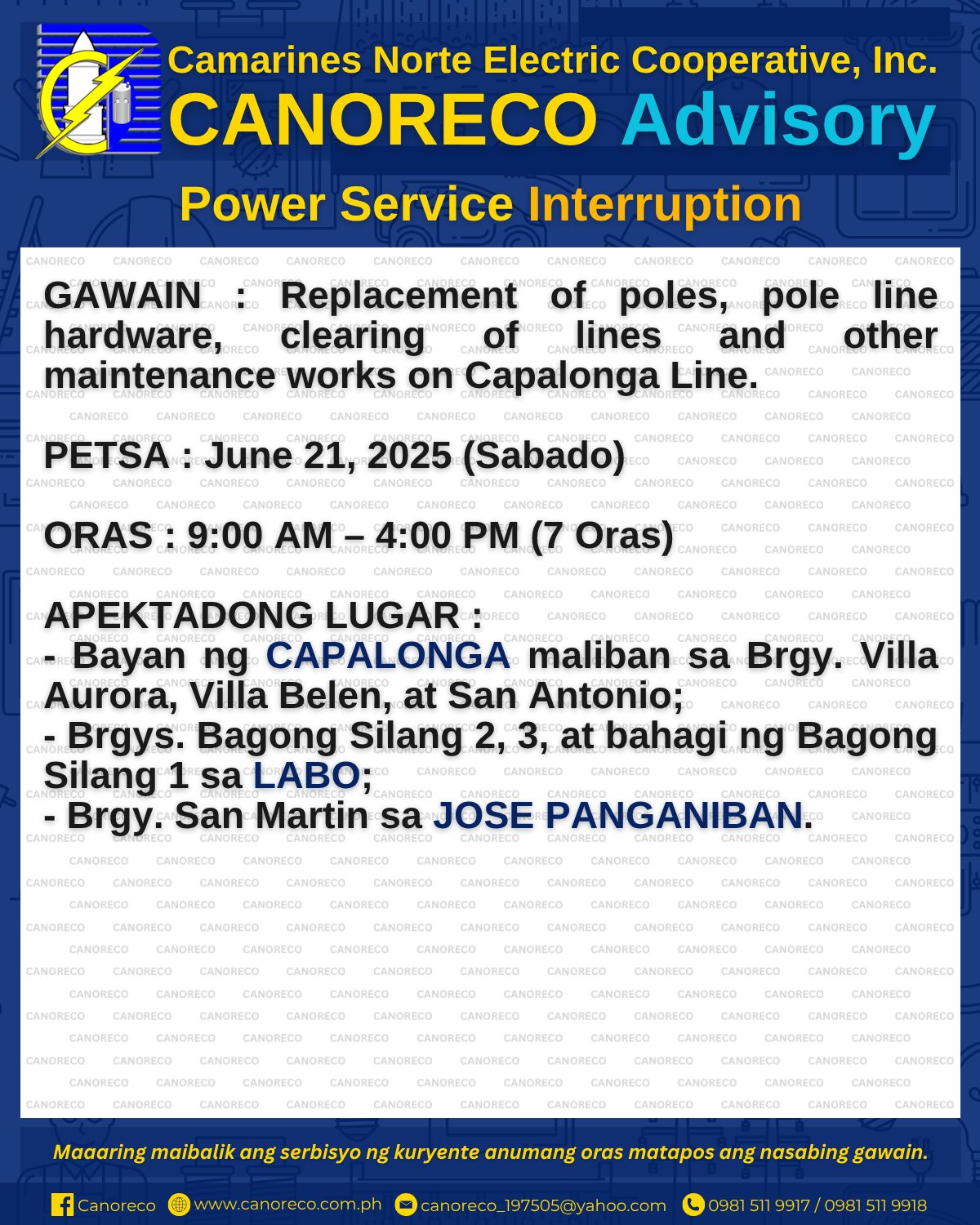 CANORECO - CANORECO Advisory: POWER SERVICE INTERRUPTION GAWAIN ...