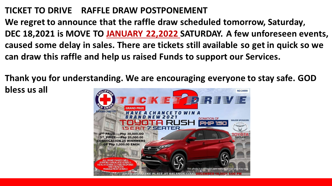 Philippine - TICKET TO DRIVE RAFFLE DRAW POSTPONEMENT PRC BATAAN ...