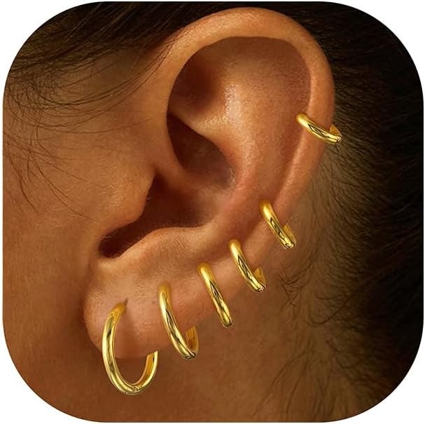 6 Pairs Small Gold Hoop Huggie Earrings – 14K Gold Plated, 10mm, Hypoallergenic, Lightweight, Trendy Set