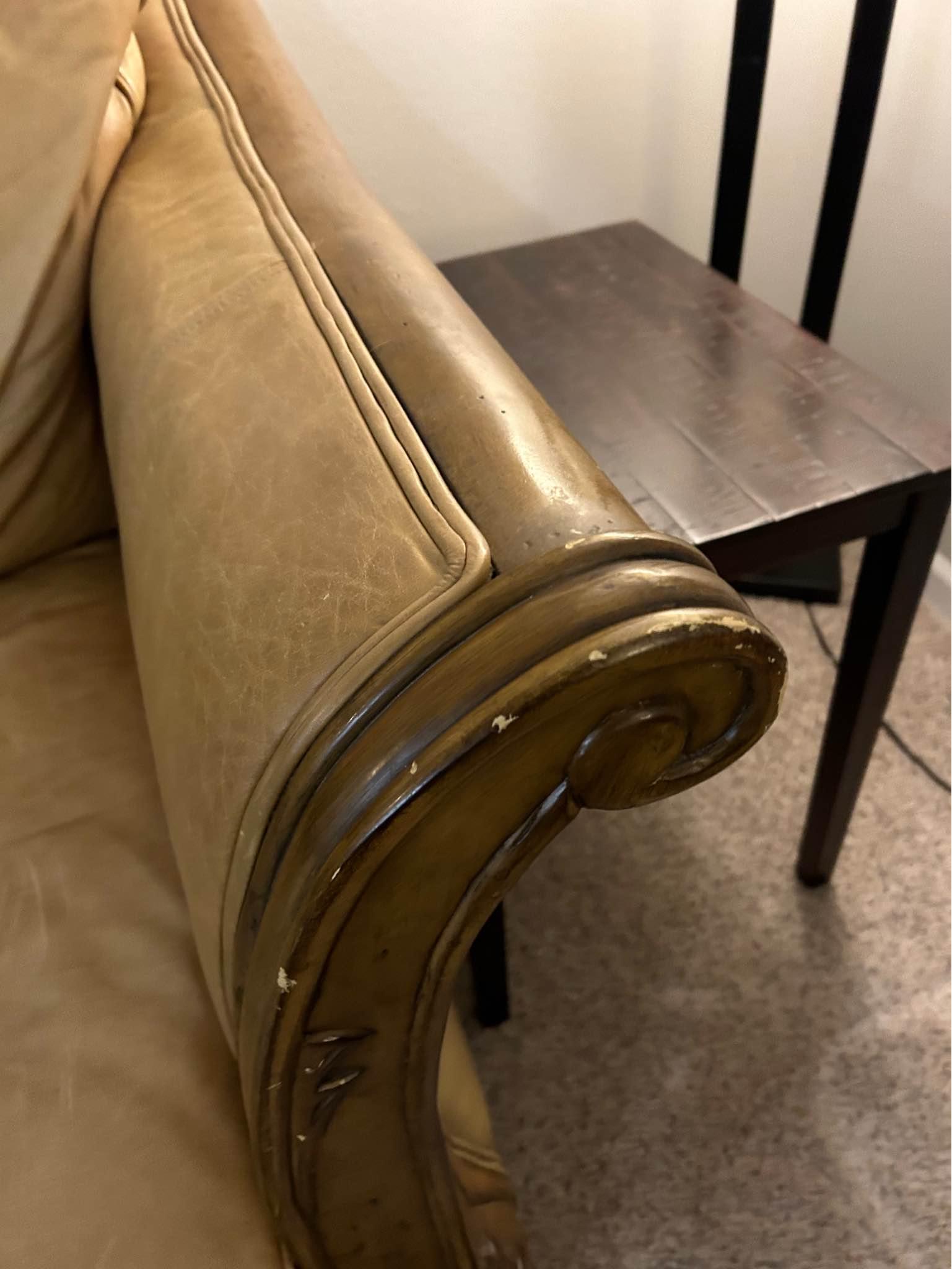 Monumental Distressed Leather and Carved Wood Sofa Sofas, Loveseats