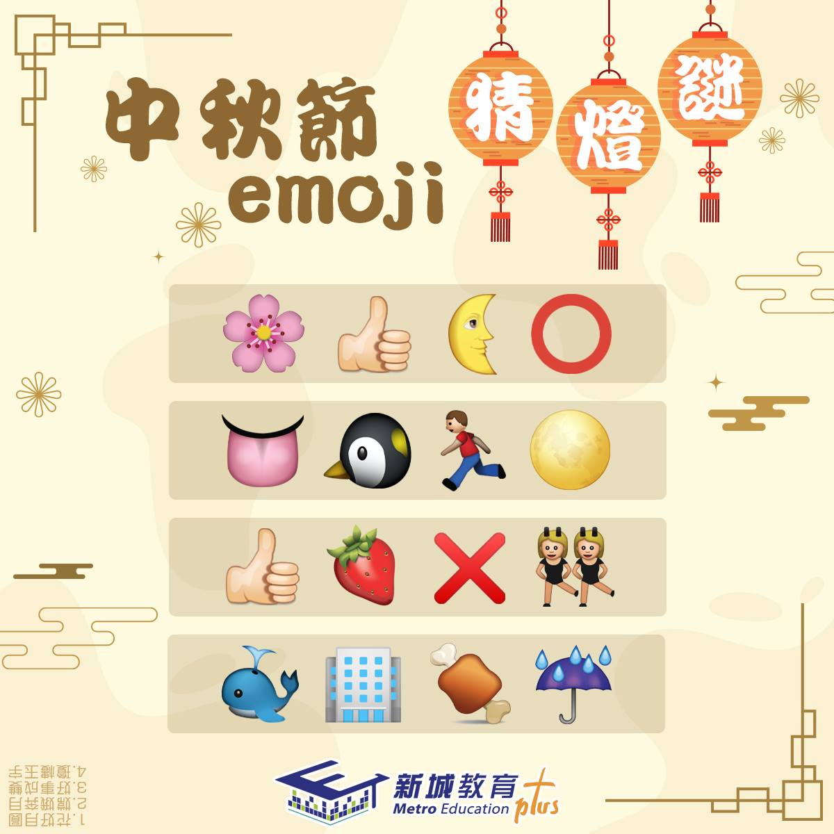 猜燈謎係中秋節必備環節，圖中嘅emoji燈謎你估啱幾多個？叫埋家... - Metro Broadcast 新城廣播有限公司 | Facebook