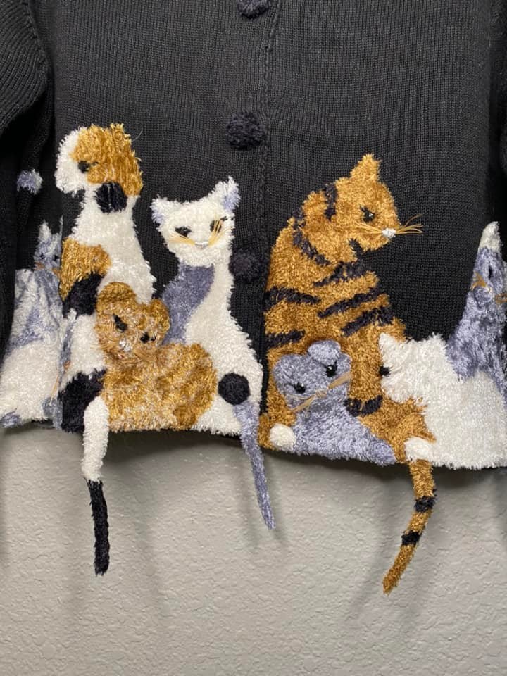Vintage 90's cat lady cardigan with beaded eyes found in Grand Rapids