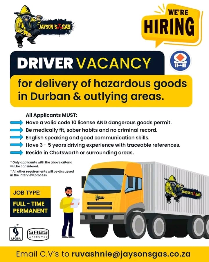 Driver vacancy for hazardous goods in Durban