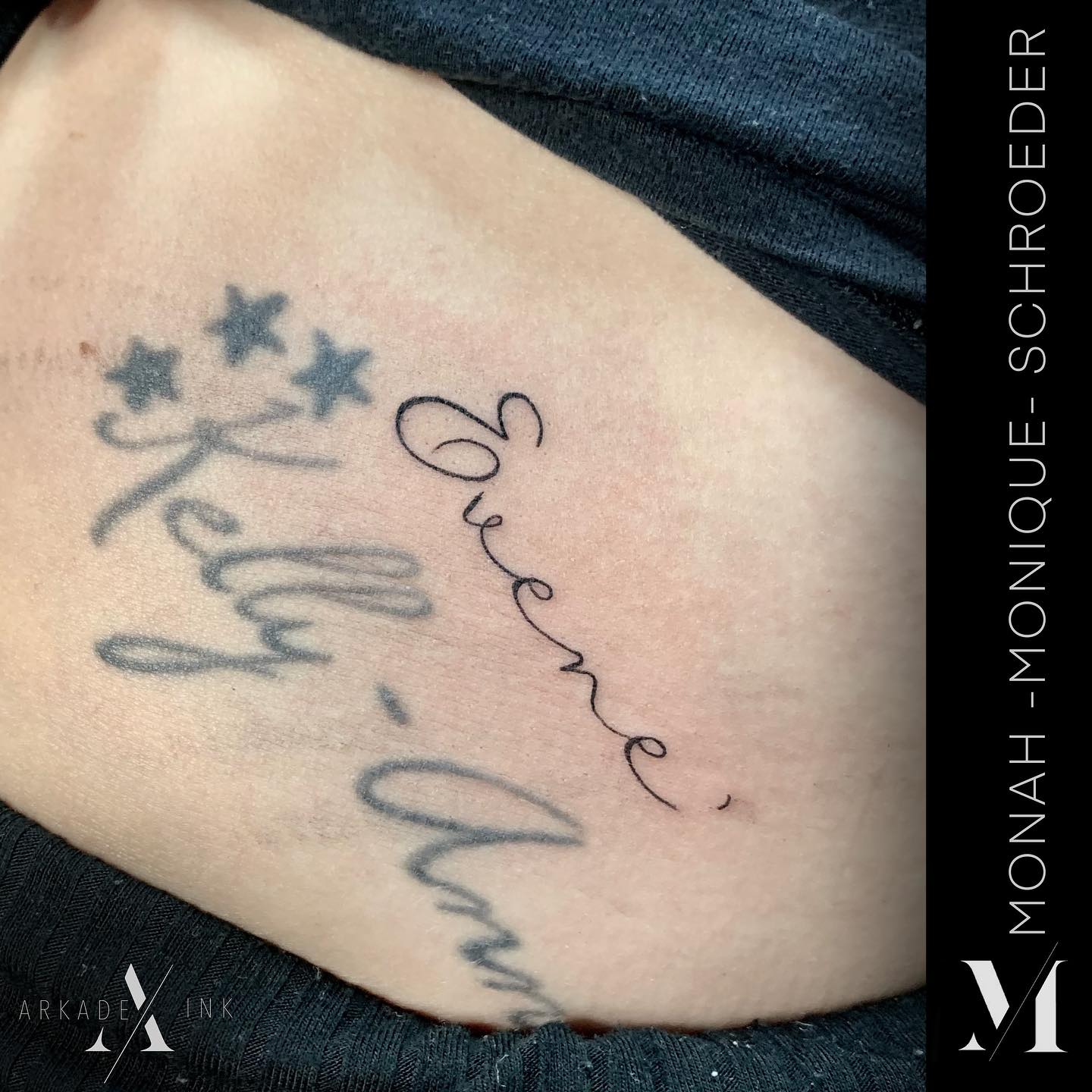 Name tattoo by @monah_txttoo - Arkade Ink Tattoo Studio