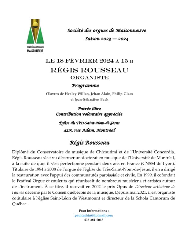 Prochain récital à... - Société des Orgues de Maisonneuve | Facebook